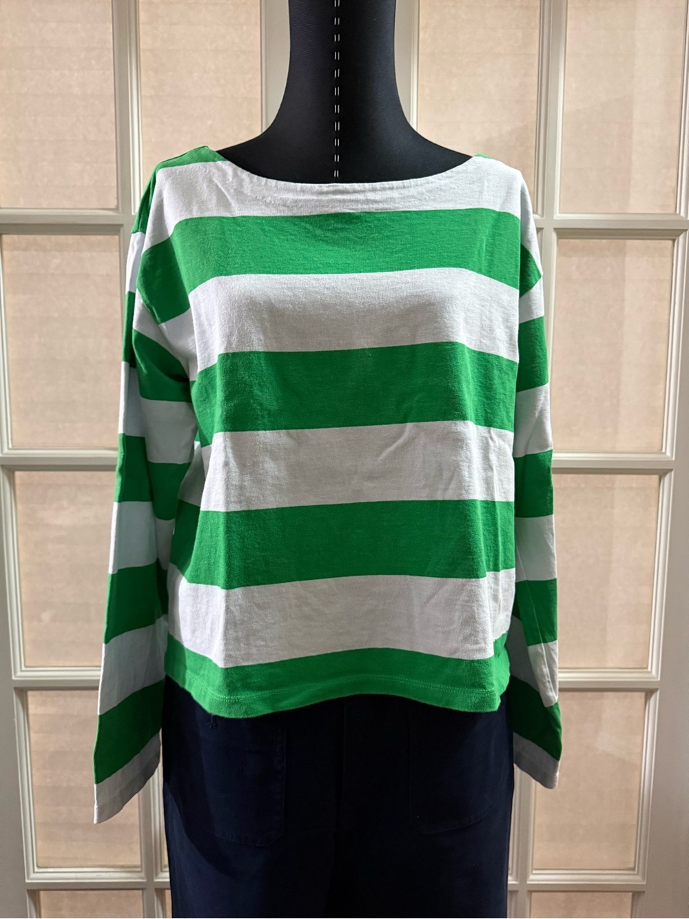 J. Crew White and Green Striped Boatneck Long Sleeve Top - Picture 1 of 5